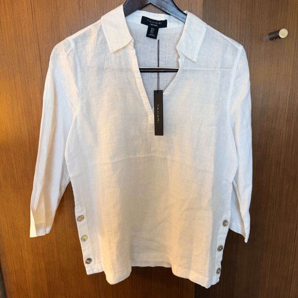 NWT Tahari Luxe Women S White 100% Linen 3/4 Sleeve Buttons Capsule Minimalist